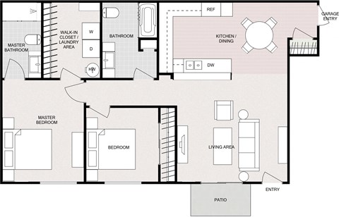 Floor plan for 2 beds, 2 baths, 1067 sqft